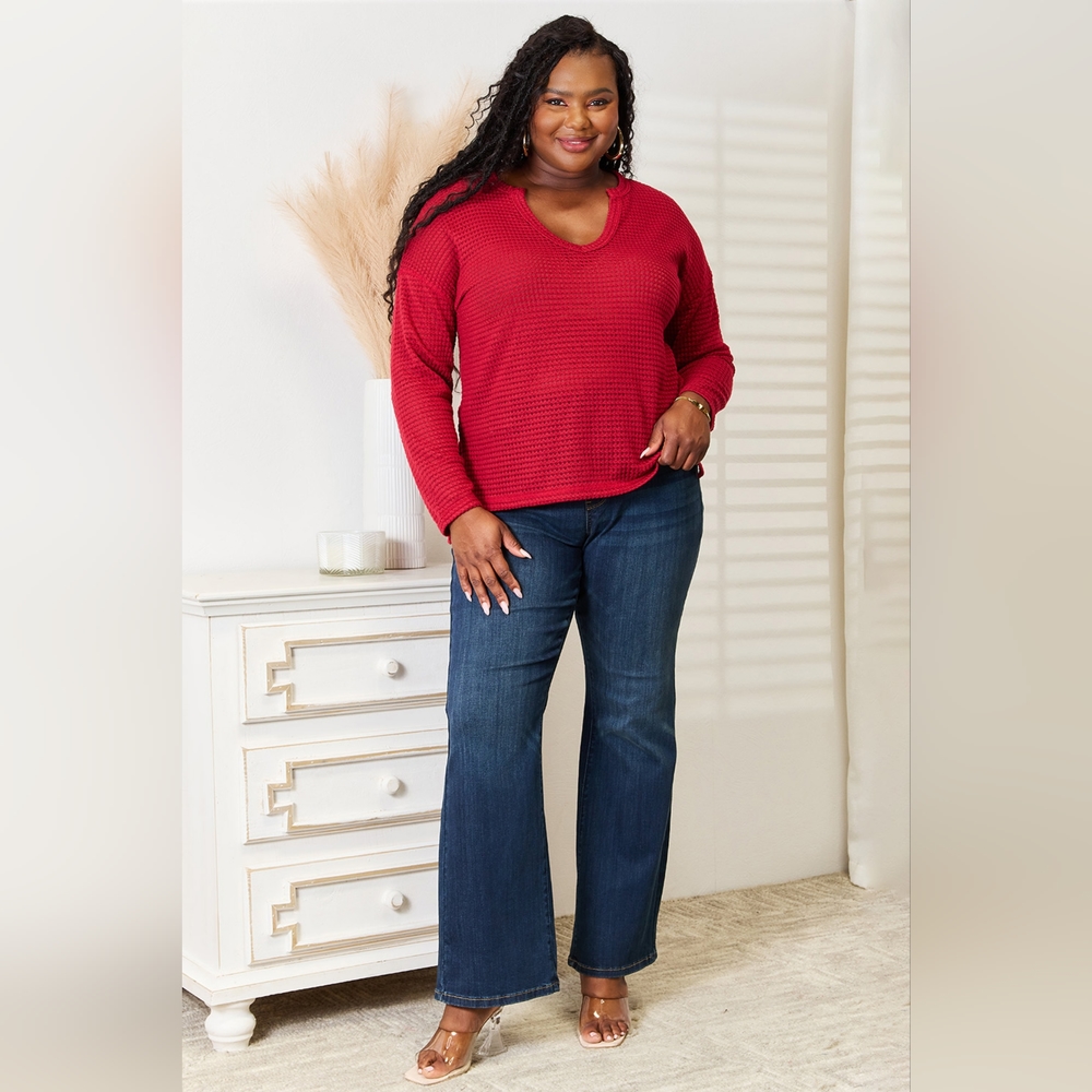 Culture Code Designer Red Waffle Knit Wide Notch Neckline Relaxed Fit Top - Picture 4 of 11